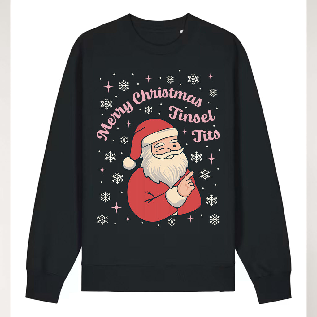 Black sweatshirt with Santa Claus graphic and text 'Merry Christmas Tinsel Tits' on a white background