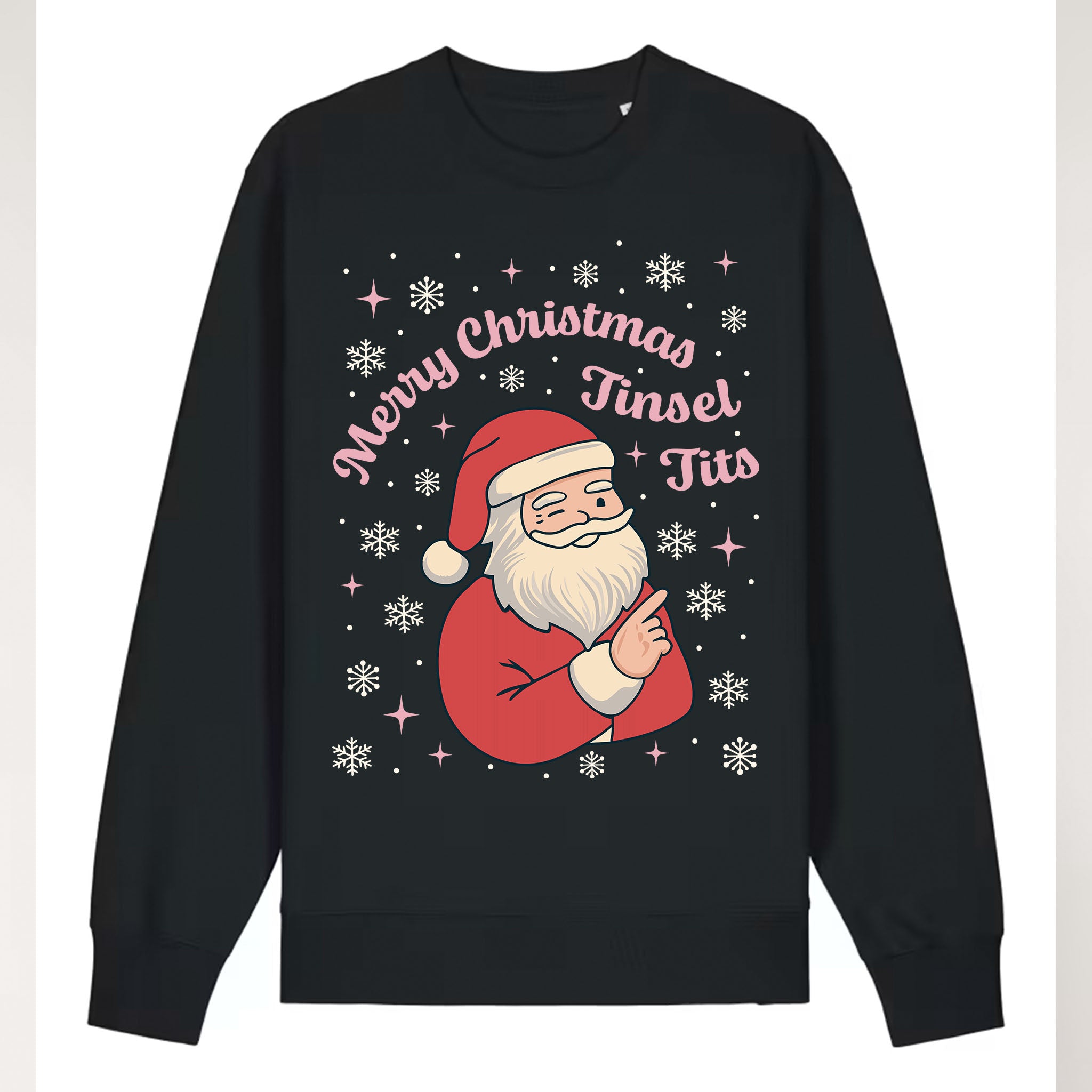 Black sweatshirt with Santa Claus graphic and text 'Merry Christmas Tinsel Tits' on a white background