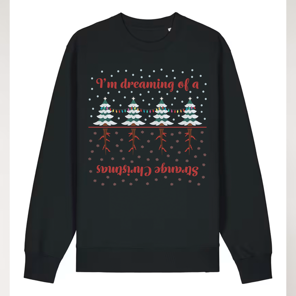 Black sweater with Christmas-themed design and text on a white background
