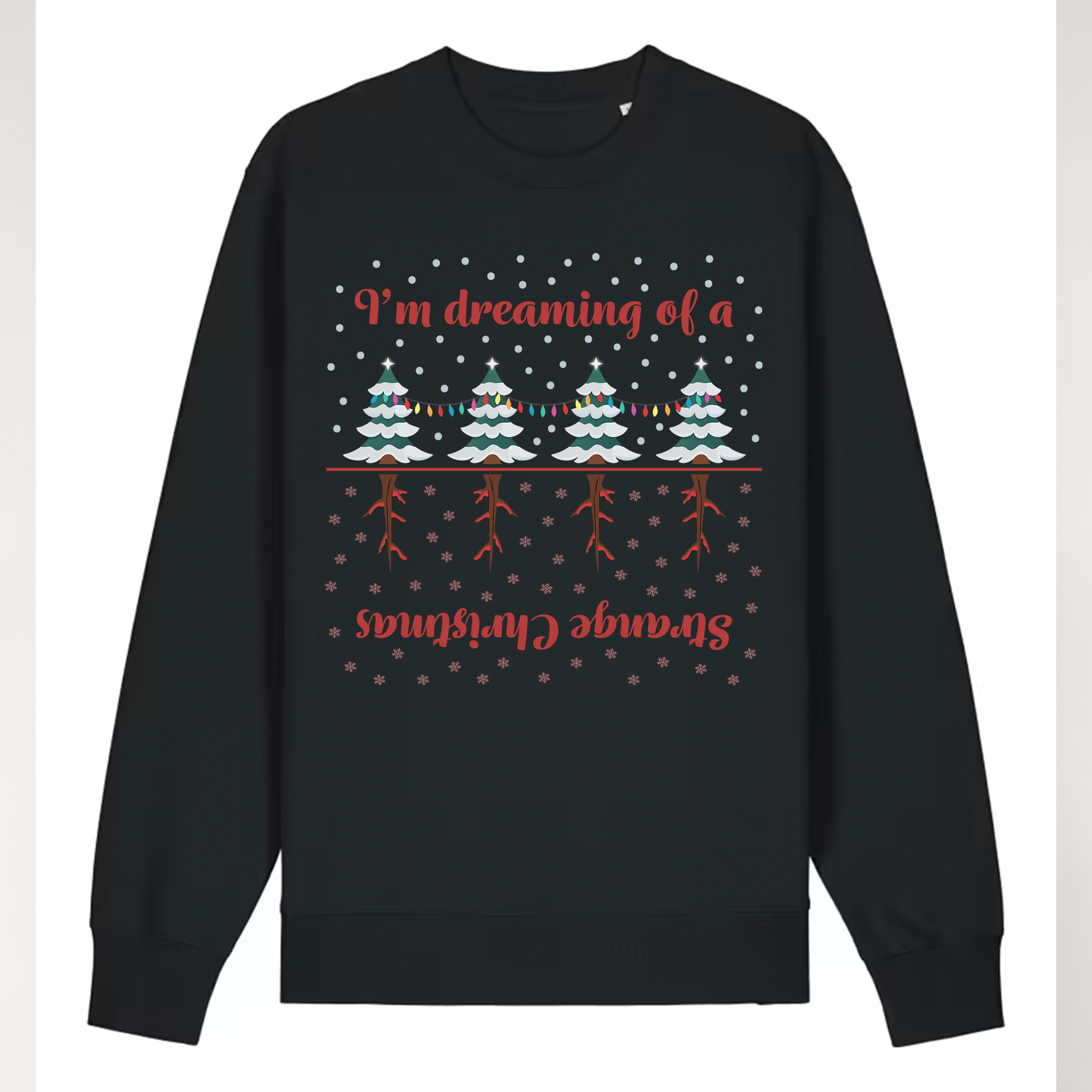 Black sweater with Christmas-themed design and text on a white background