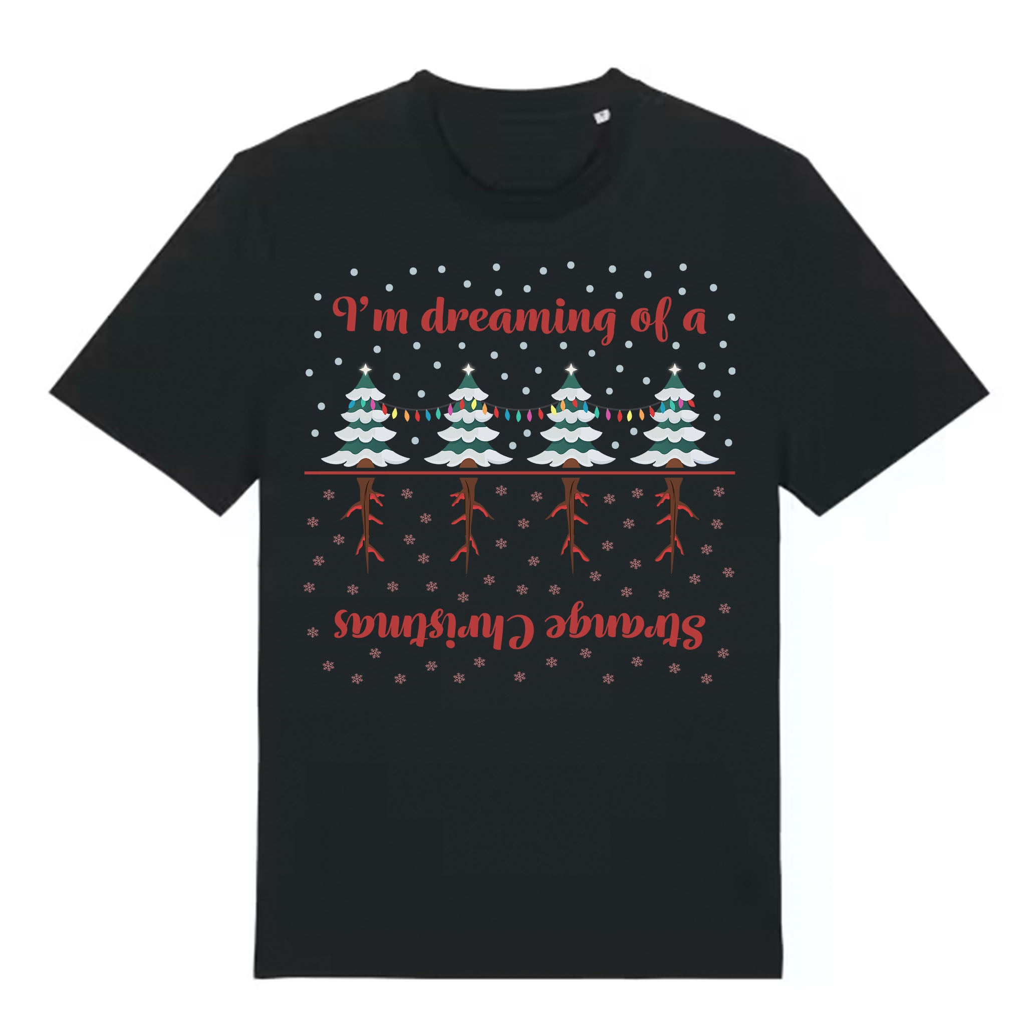 Black t-shirt with Christmas-themed design and text on a white background