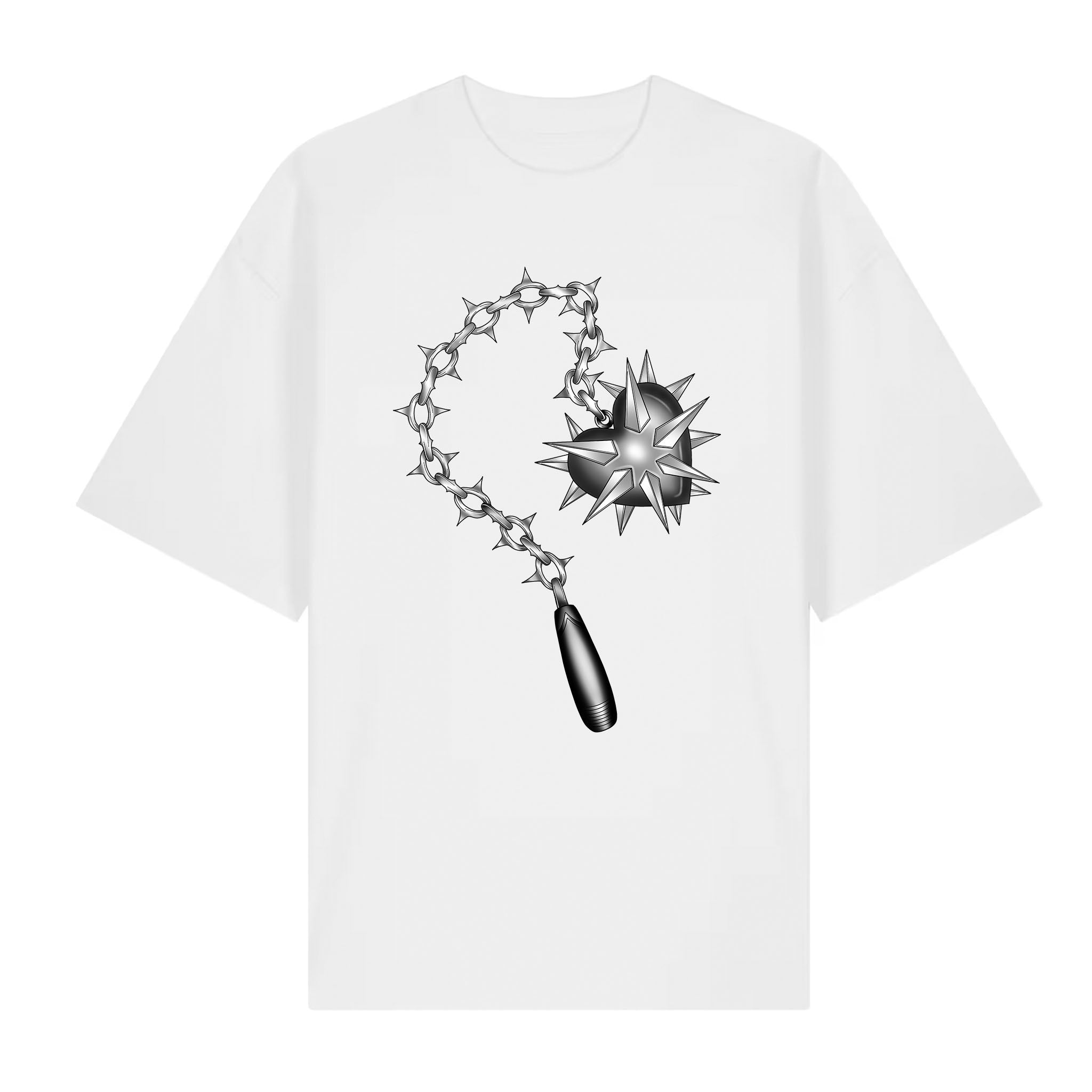 Organic cotton white tee with a bold monochrome illustration of a spiked flail weapon in a blackwork art style.