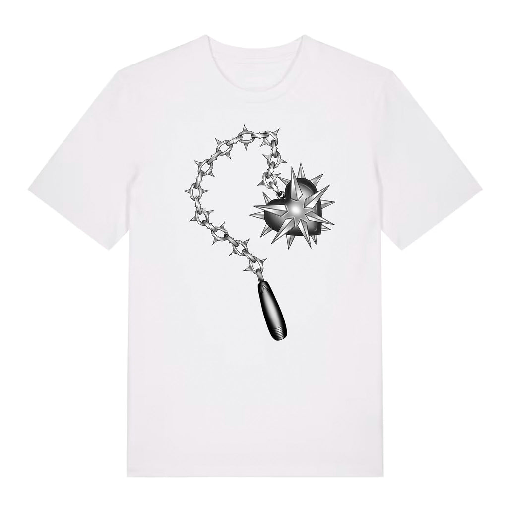 White classic‑fit organic cotton T‑shirt featuring a silver spiked flail illustration in blackwork linework.
