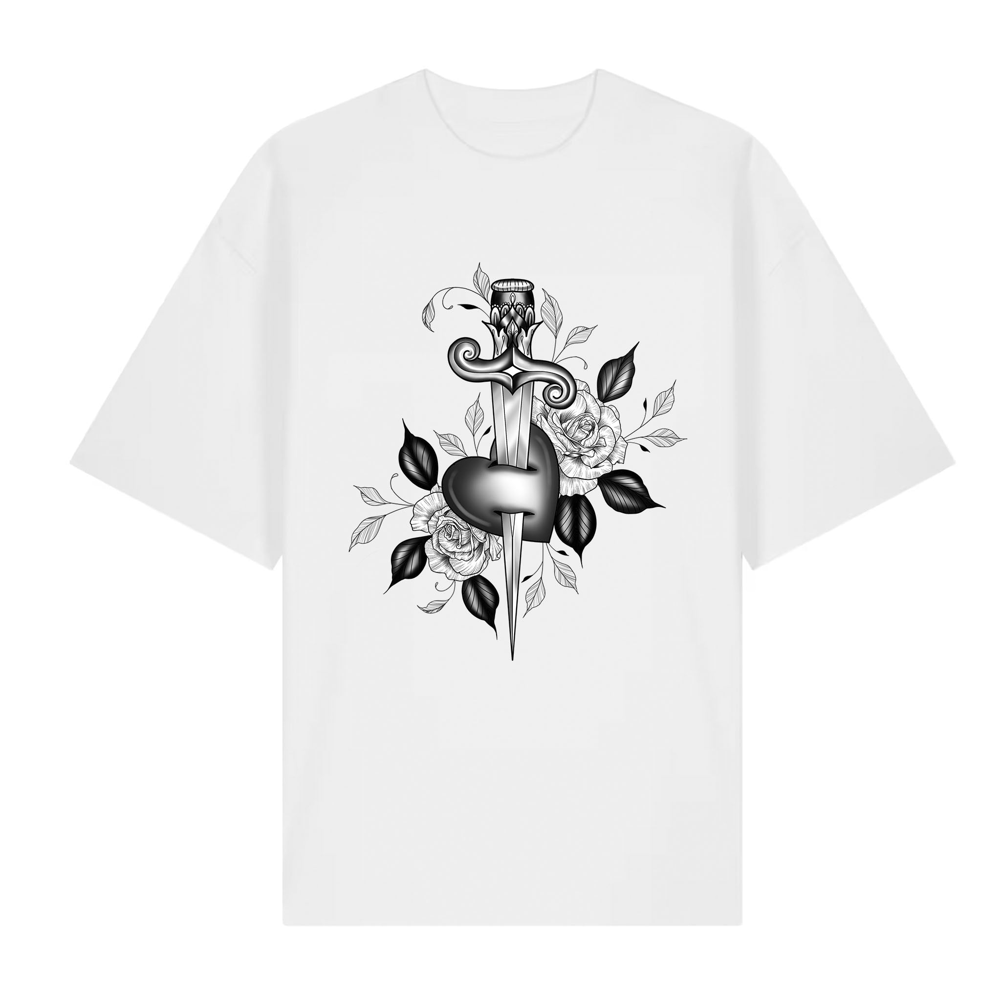 White organic cotton T‑shirt with a blackwork tattoo‑style design of a dagger through a heart, surrounded by roses and leaves in monochrome linework.