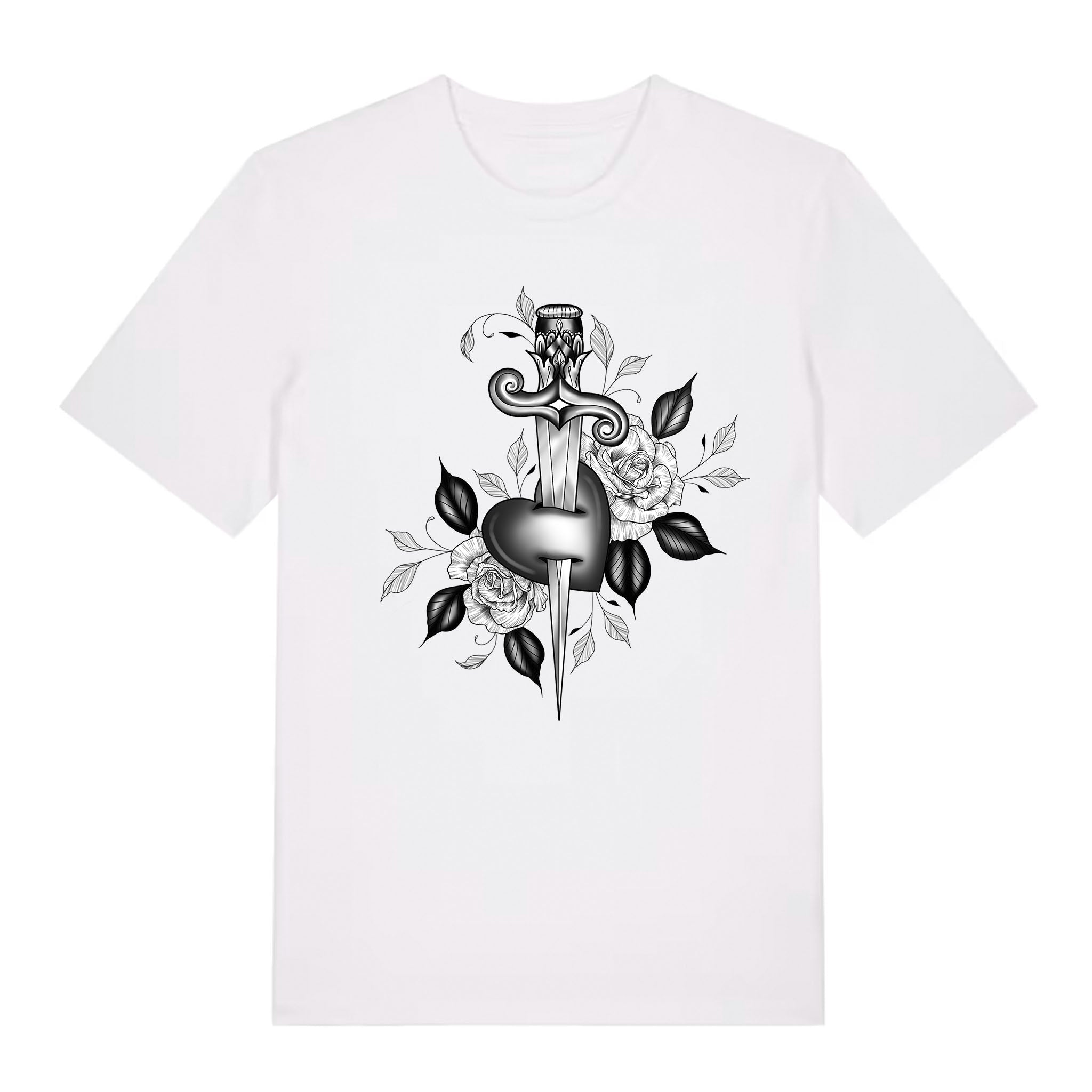 White classic‑fit T‑shirt showcasing a dagger‑through‑heart design with roses in blackwork tattoo style.

