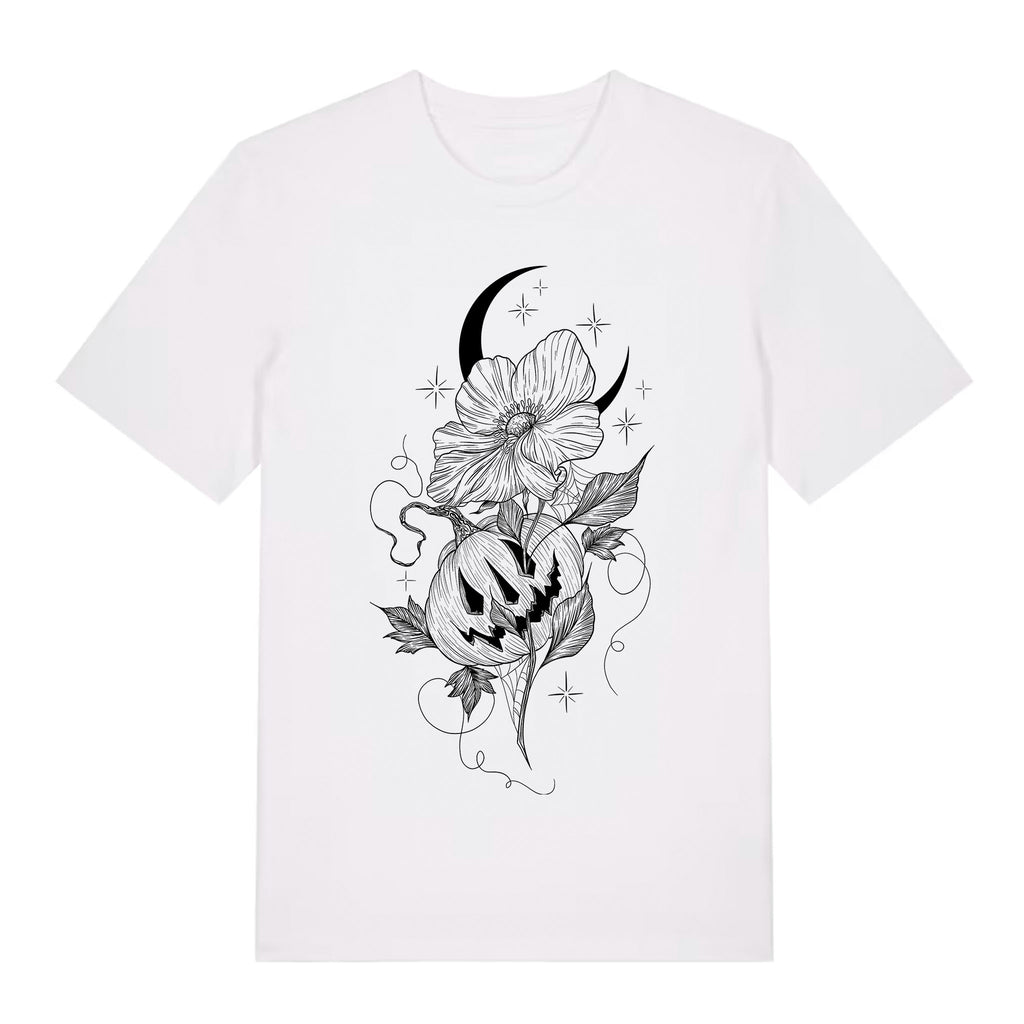 White classic‑fit organic cotton T‑shirt displaying a crescent moon, flowers, swirling vines, and a carved pumpkin in fine blackwork line art.