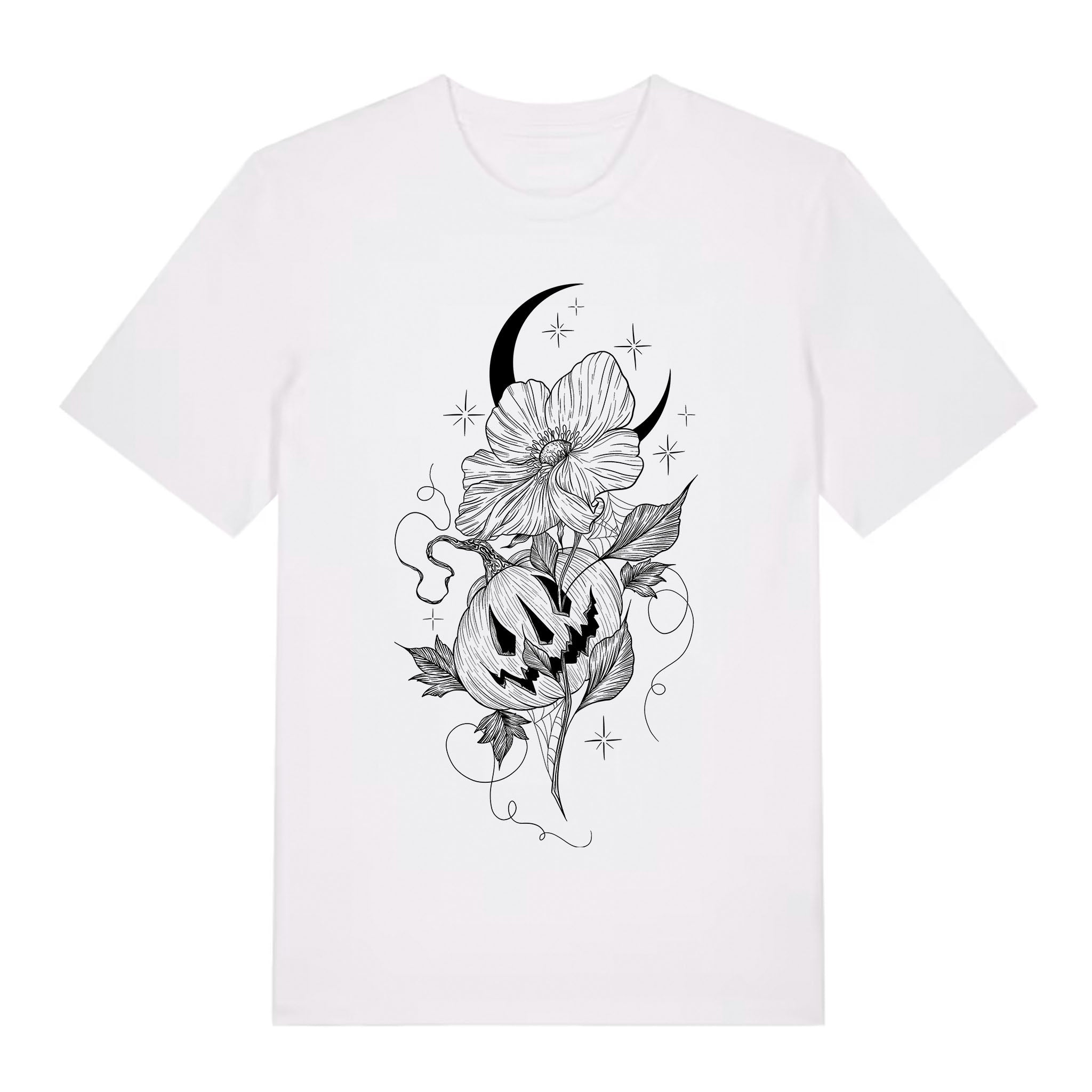 White classic‑fit organic cotton T‑shirt displaying a crescent moon, flowers, swirling vines, and a carved pumpkin in fine blackwork line art.